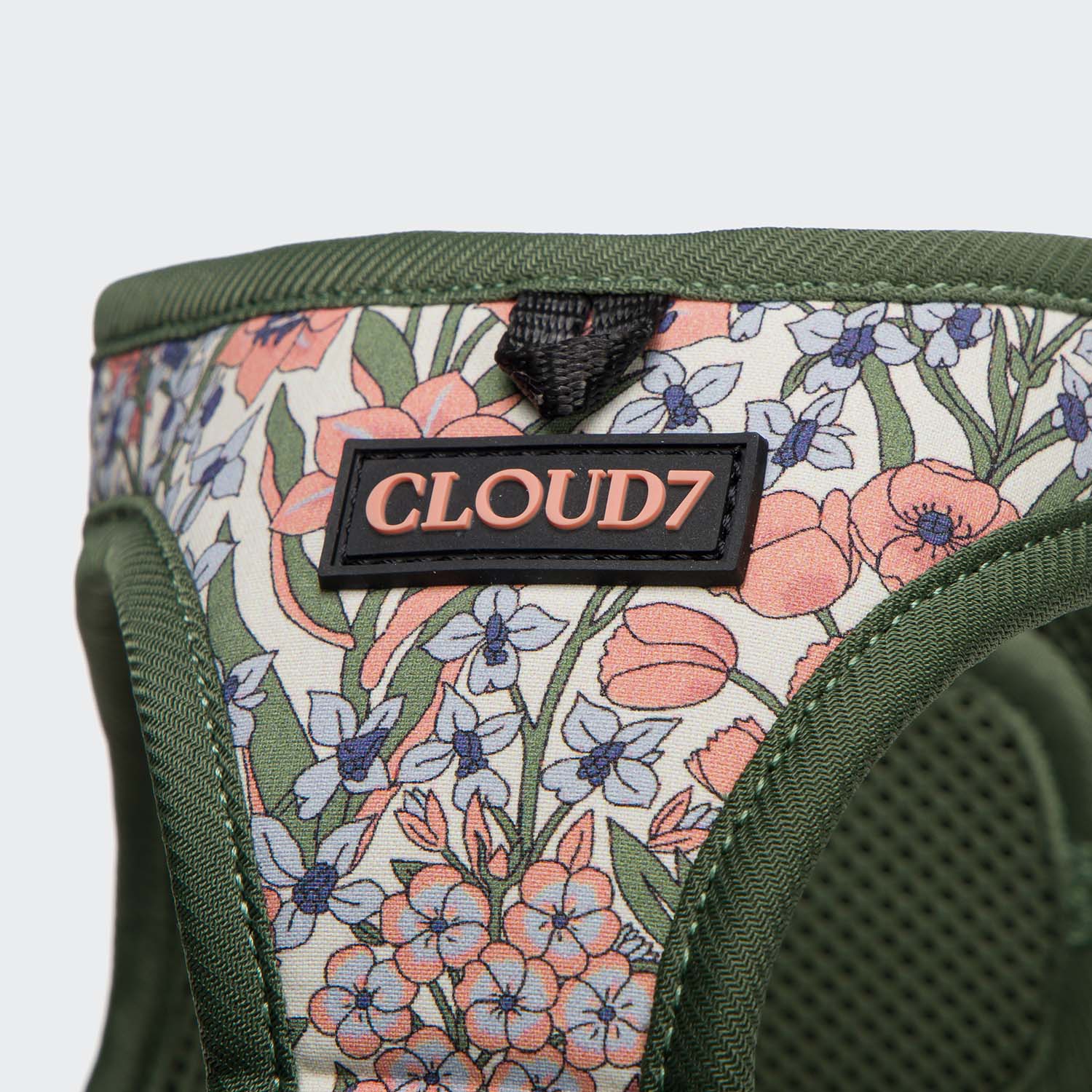 Breathable step-in dog harness with floral blossom print and adjustable fit.
