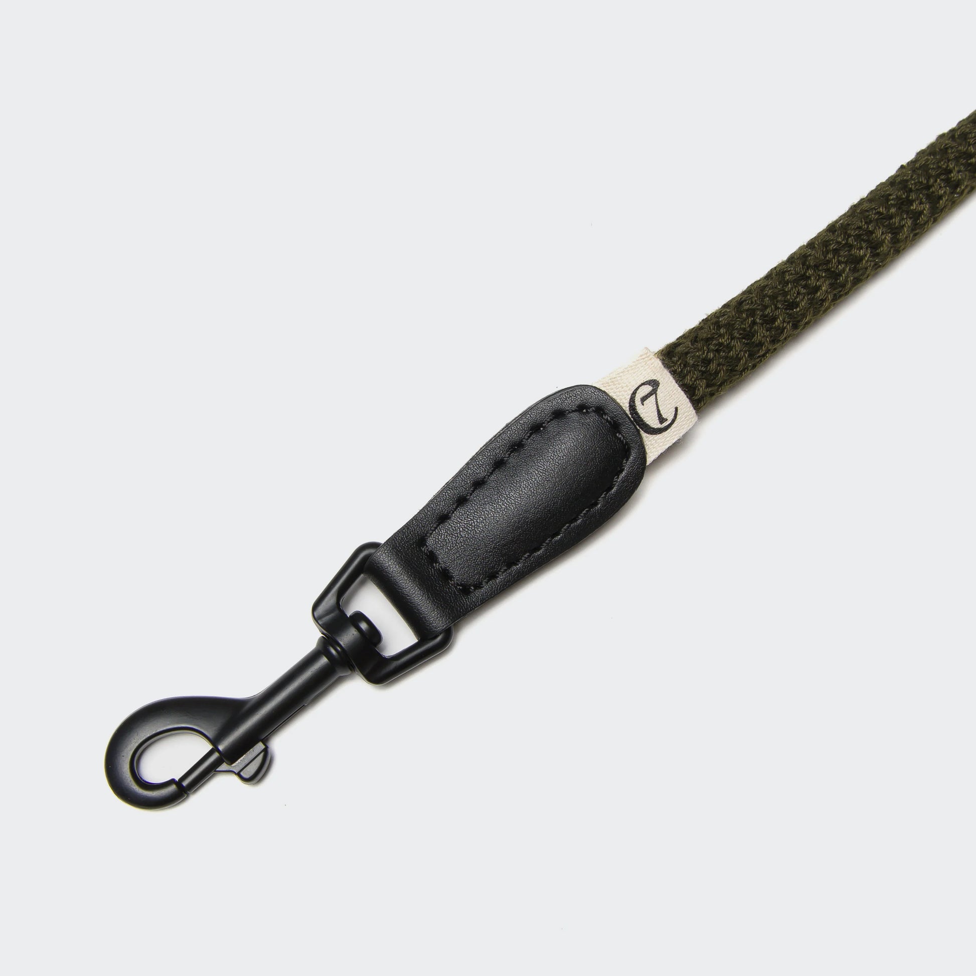 Premium olive rope slip lead with matte black steel hardware and cactus leather accents.