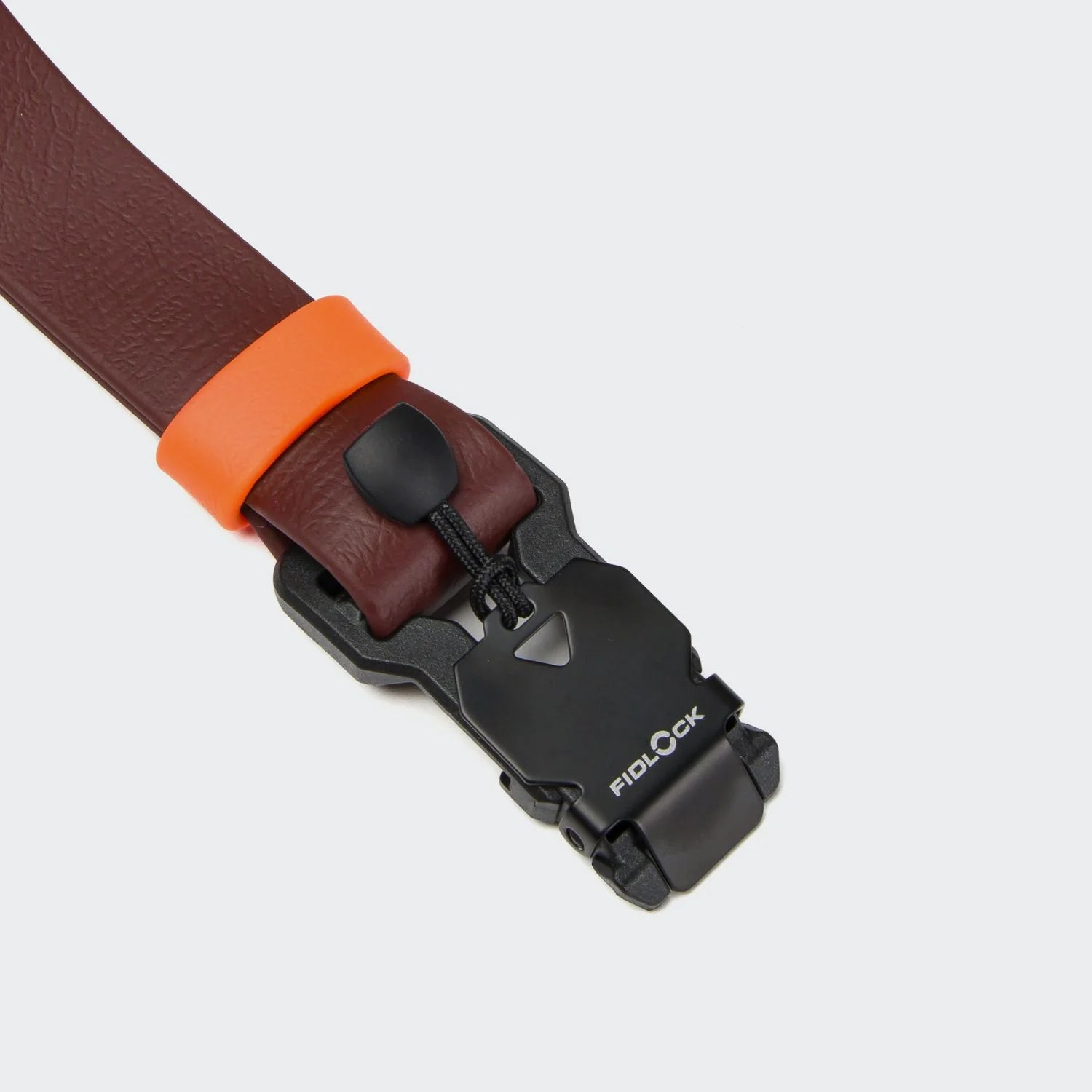 Brown leather belt with an orange buckle and black Fidlock buckle on a light gray background