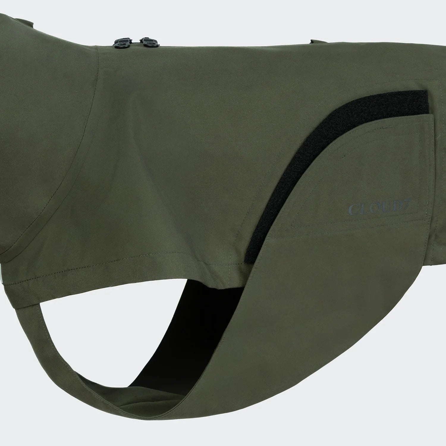 Green dog coat with black trim on a white background