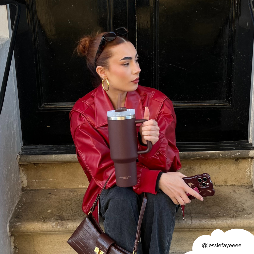 Coconut Lane burgundy tumbler with handle and reusable straw