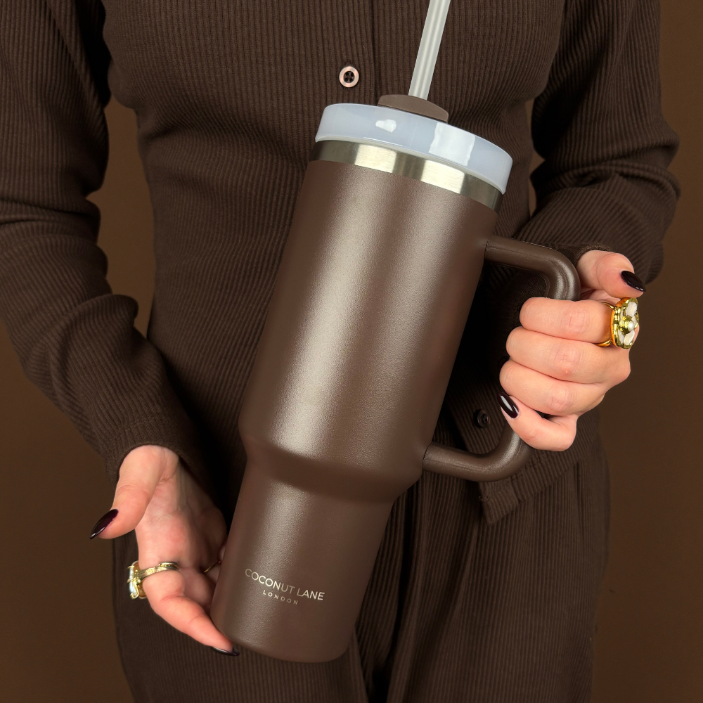 Coconut Lane chocolate brown tumbler with handle and reusable straw