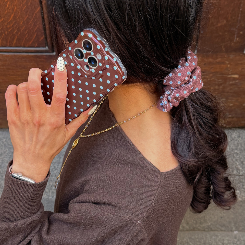 Coconut Lane towel scrunchie in brown and blue polka dot