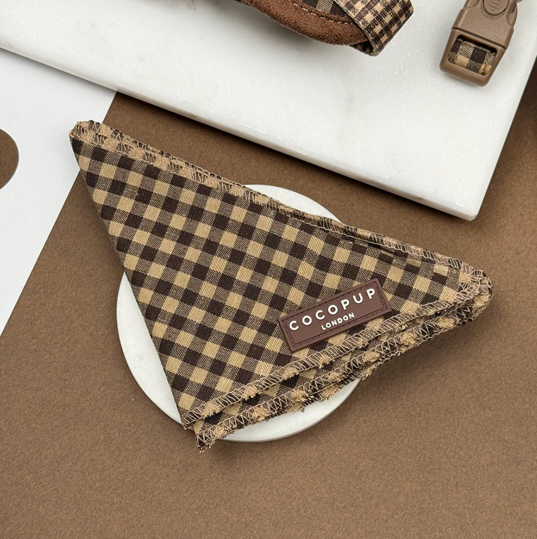 Brown and beige checked dog bandana by Cocopup London