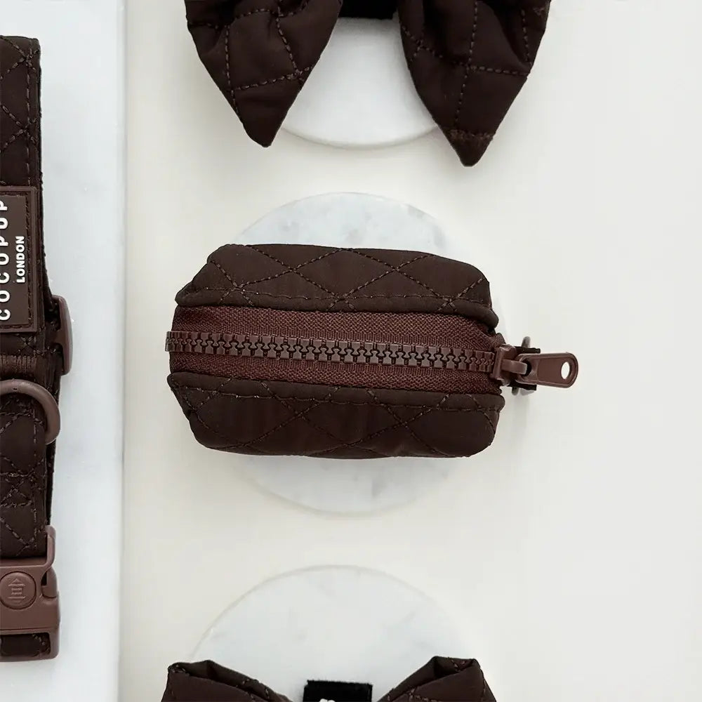 Chocolate brown quilted dog poo bag holder by Cocopup London