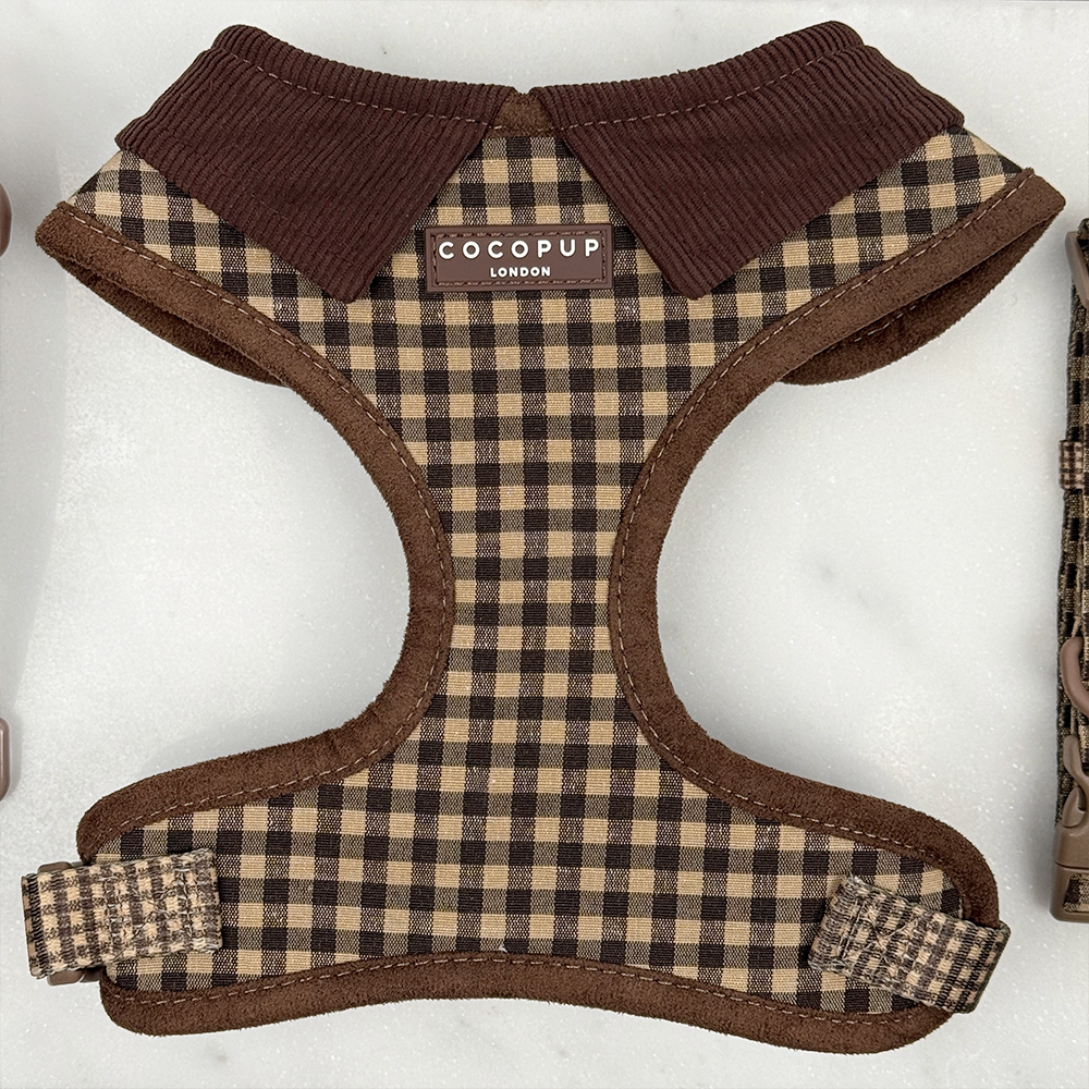 Cocopup London Cotswold Check adjustable neck dog harness in brown check.