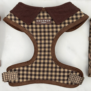 Cocopup London Cotswold Check adjustable neck dog harness in brown check.