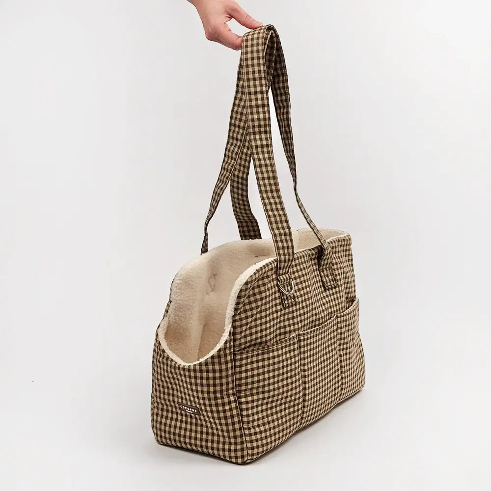 Cocopup London Cotswold Check dog carrier for small dogs and puppies up to 8kg.