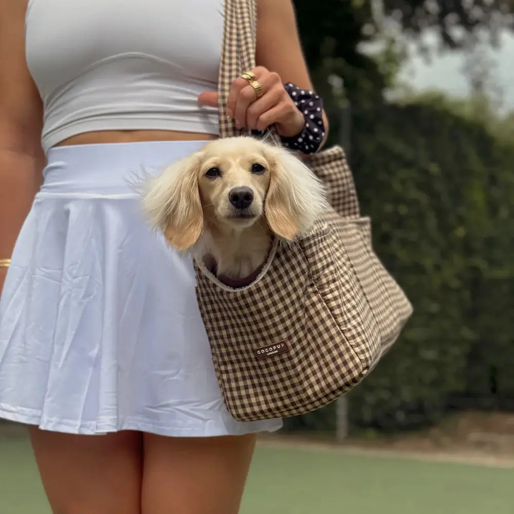 Cocopup London Cotswold Check dog carrier for small dogs and puppies up to 8kg.