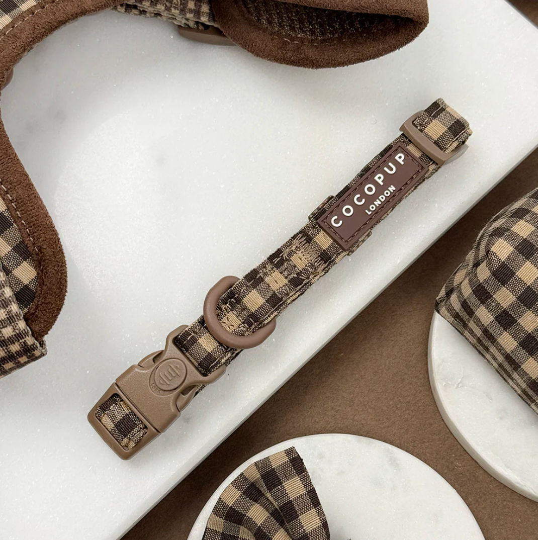 Cocopup London Cotswold Check adjustable brown dog collar with safety locking buckle.