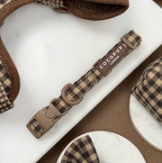 Cocopup London Cotswold Check adjustable brown dog collar with safety locking buckle.