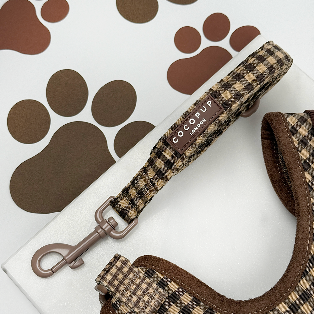 Cocopup London Cotswold Check brown dog lead with padded handle and accessory D-ring.