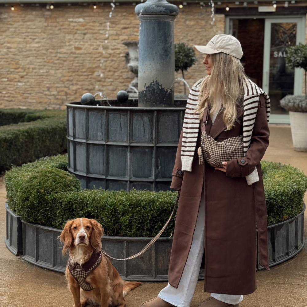 Cocopup London Cotswold Check brown dog lead with padded handle and accessory D-ring.