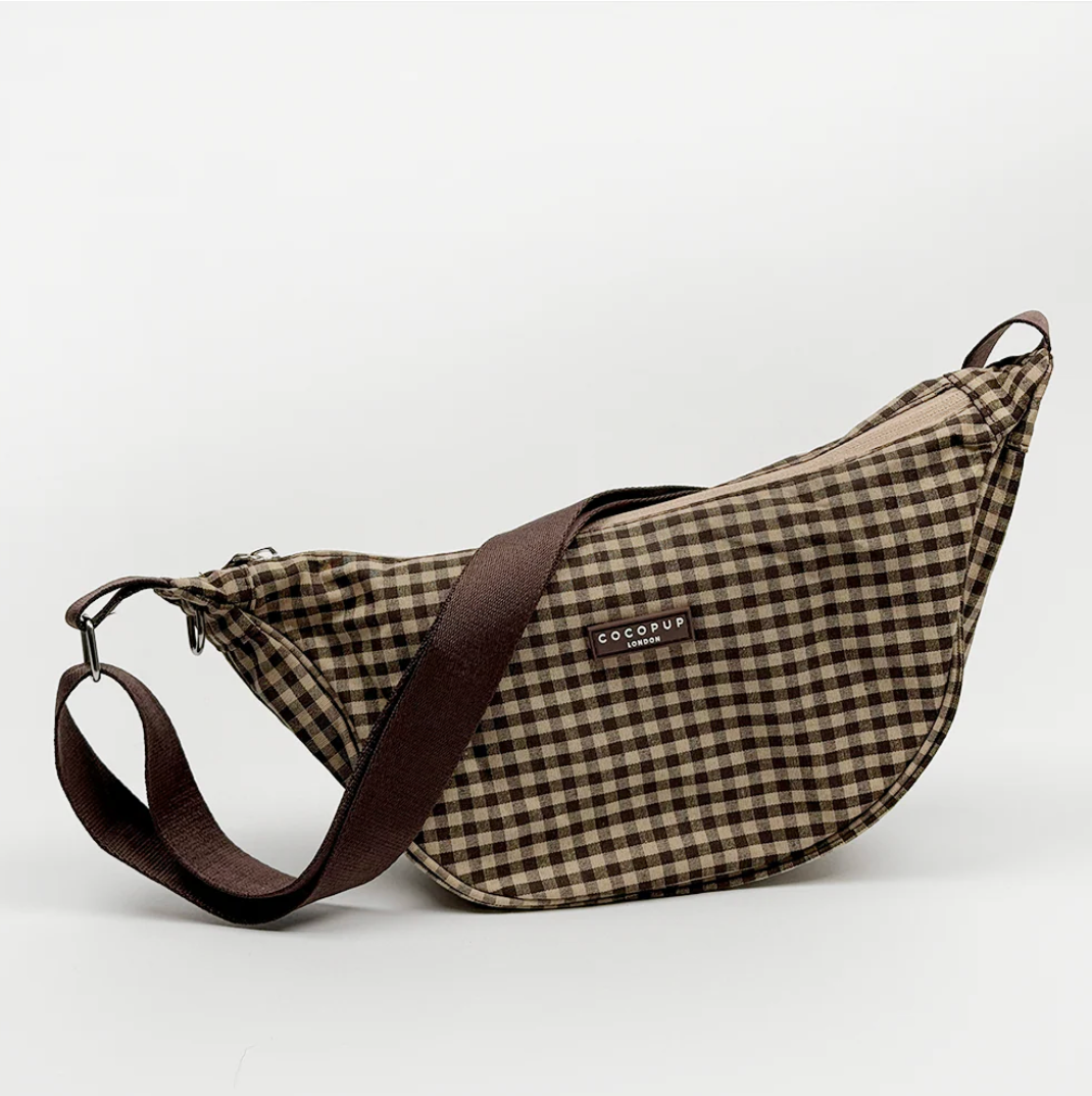 Cocopup London Cotswold Check crescent crossbody dog walking bag.