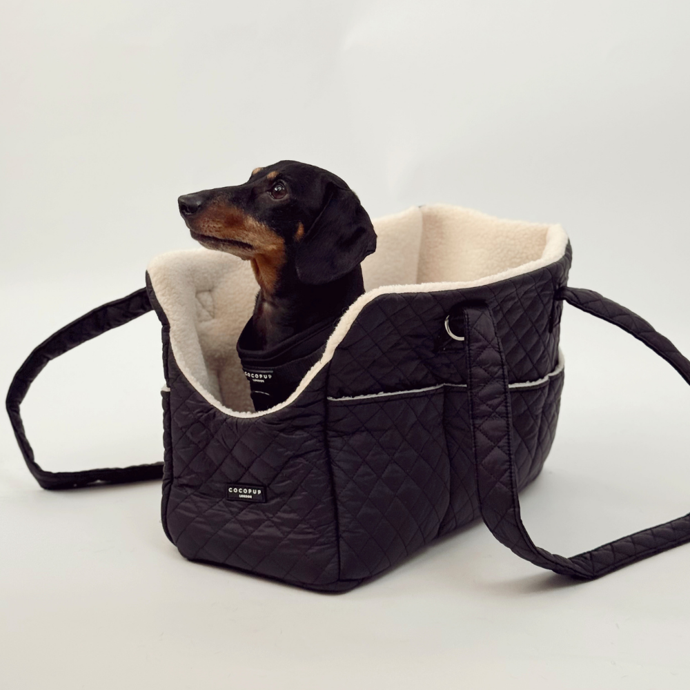 Cocopup London Quilted Black Dog Carrier with cream Borg lining