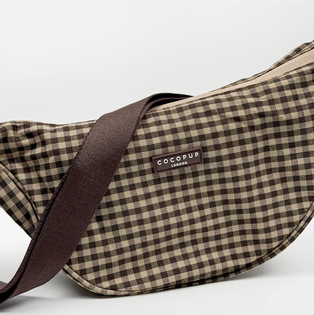 Cotswold Check crescent dog walking crossbody bag with adjustable strap.