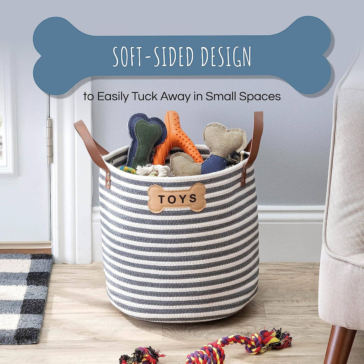 Stylish neutral cotton rope storage basket for dog toys and accessories.