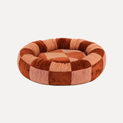 DOGGUO Block brown and peach orthopaedic round dog bed in patterned jacquard fabric