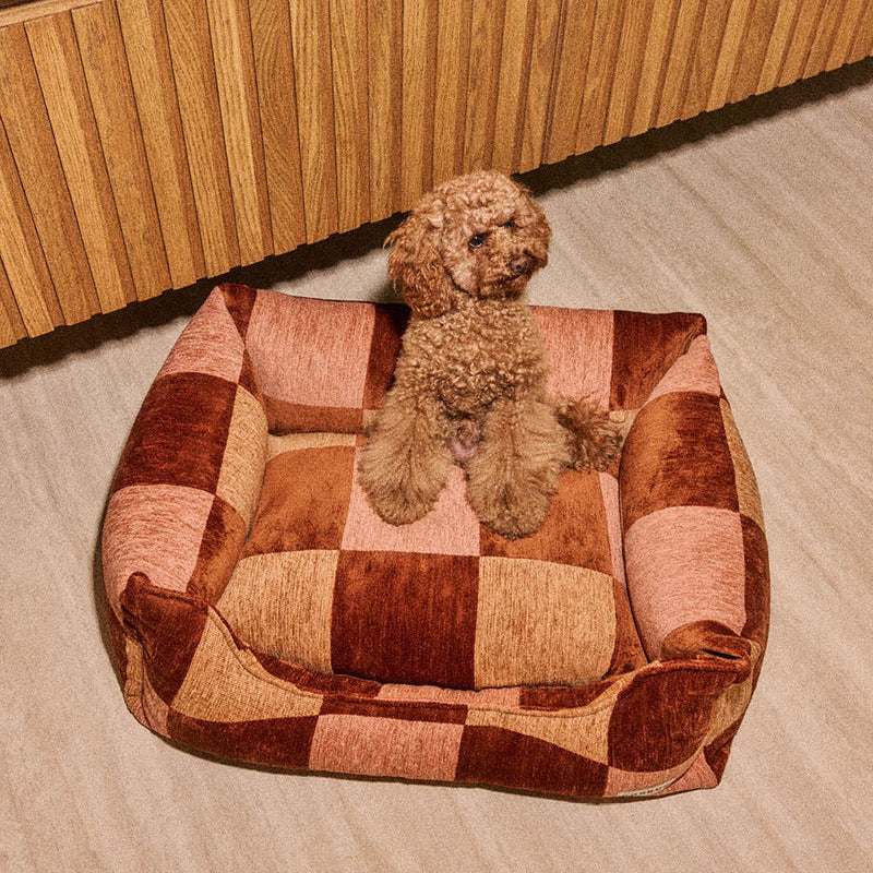 DOGGUO Block brown and peach orthopaedic sofa dog bed with raised cushioned sides