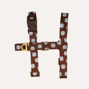 DOGGUO adjustable dog harness with a woven brown and blue dot pattern and premium metal hardware.