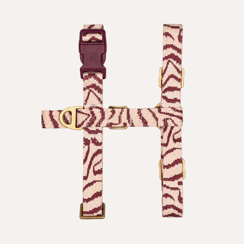 DOGGUO adjustable dog harness featuring a woven peach and bordeaux ethnic-inspired pattern with premium metal hardware.
