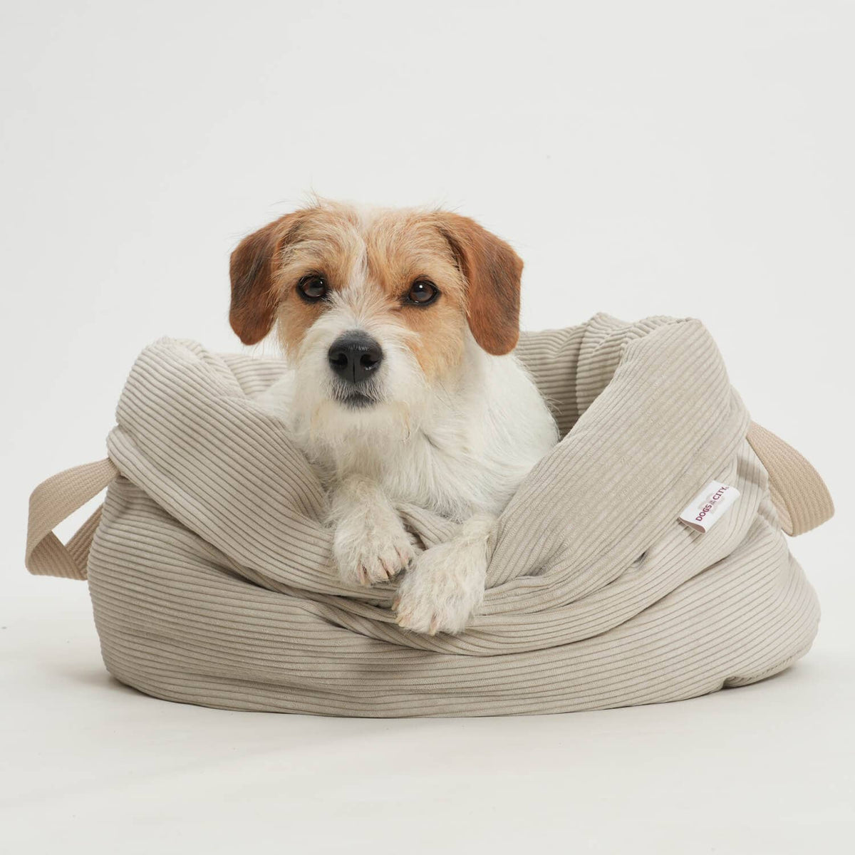 DOGS in the CITY Little Basket portable corduroy dog bed in Gravel.