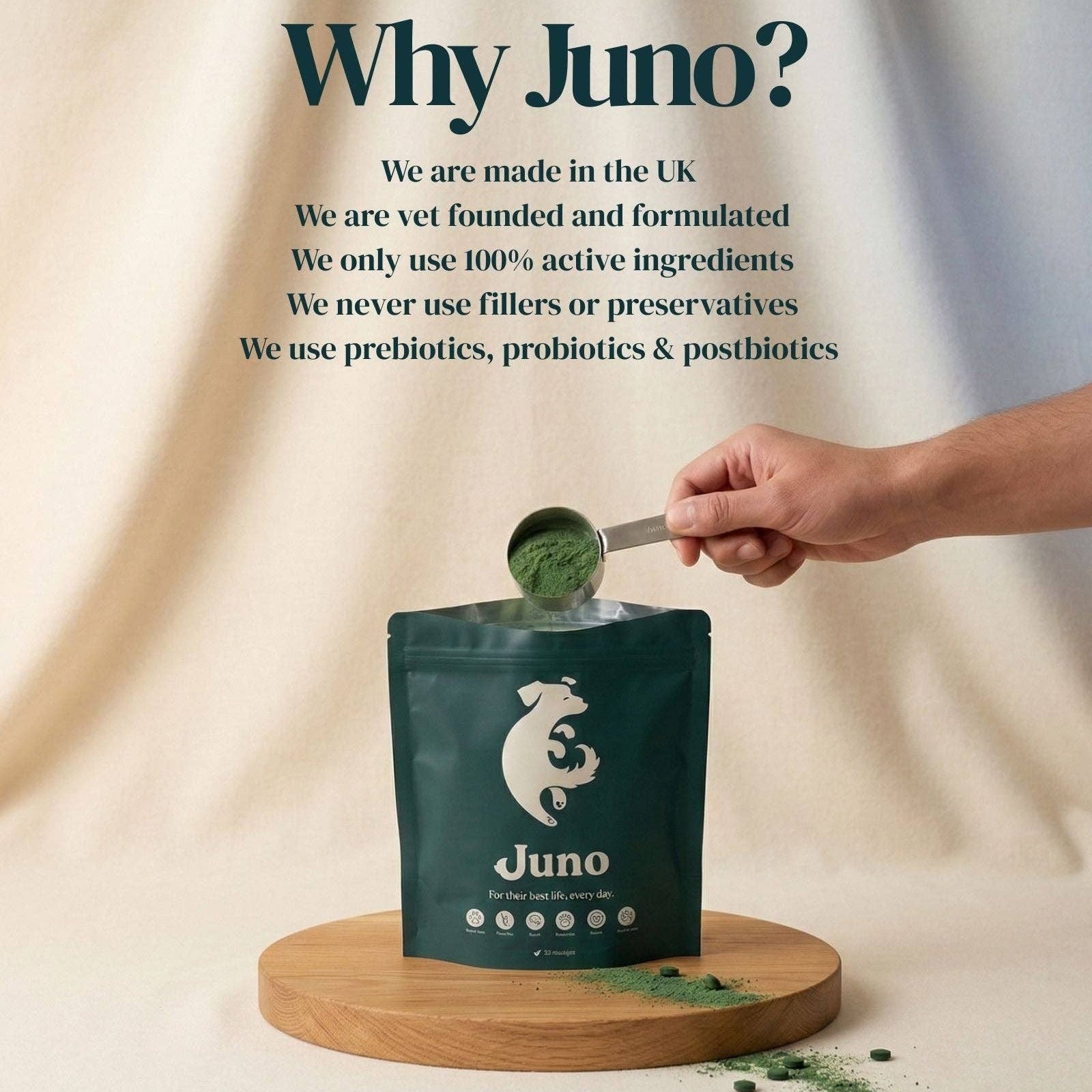 Juno Daily powdered dog supplement with probiotics, glucosamine and Omega-3.