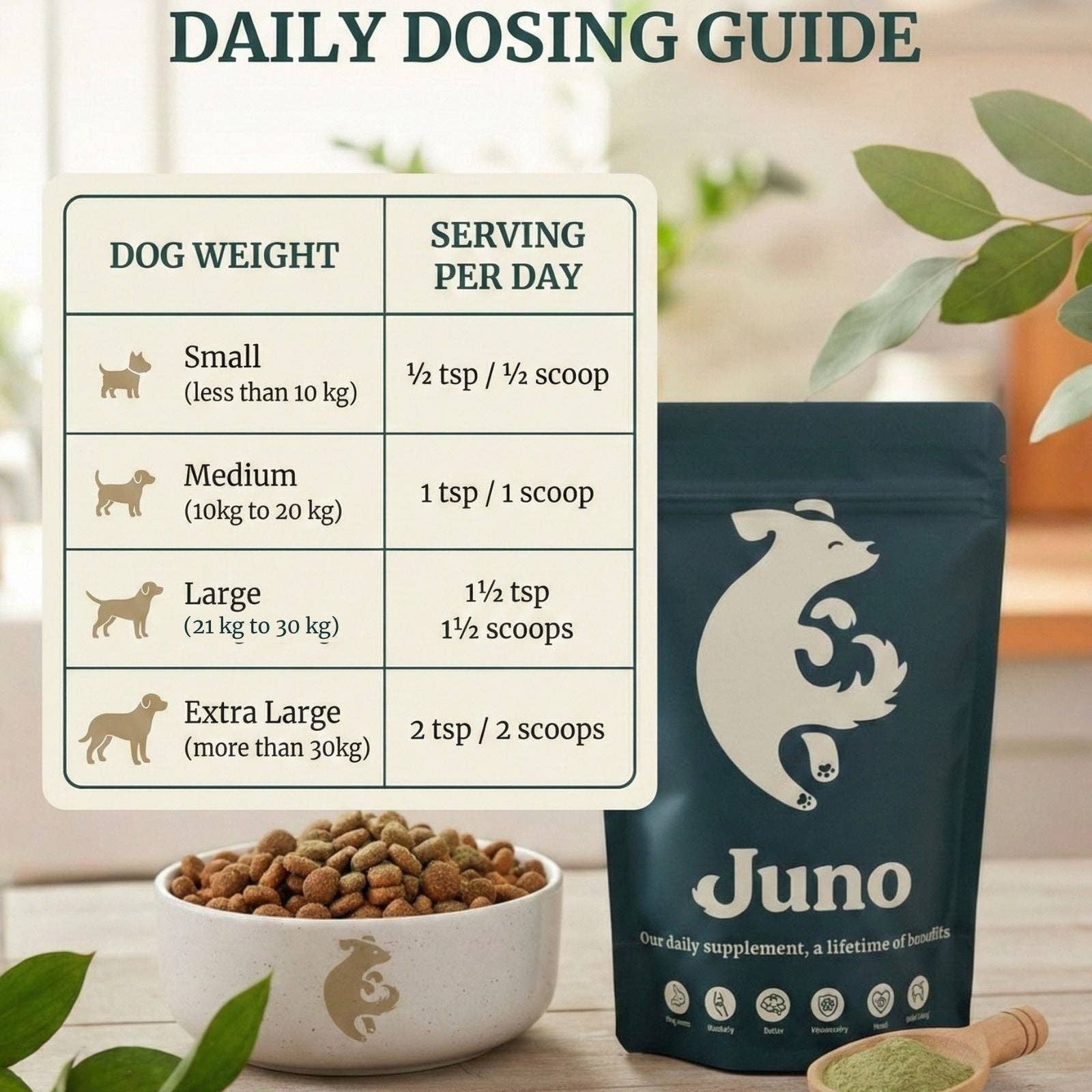 Juno Daily powdered dog supplement with probiotics, glucosamine and Omega-3.