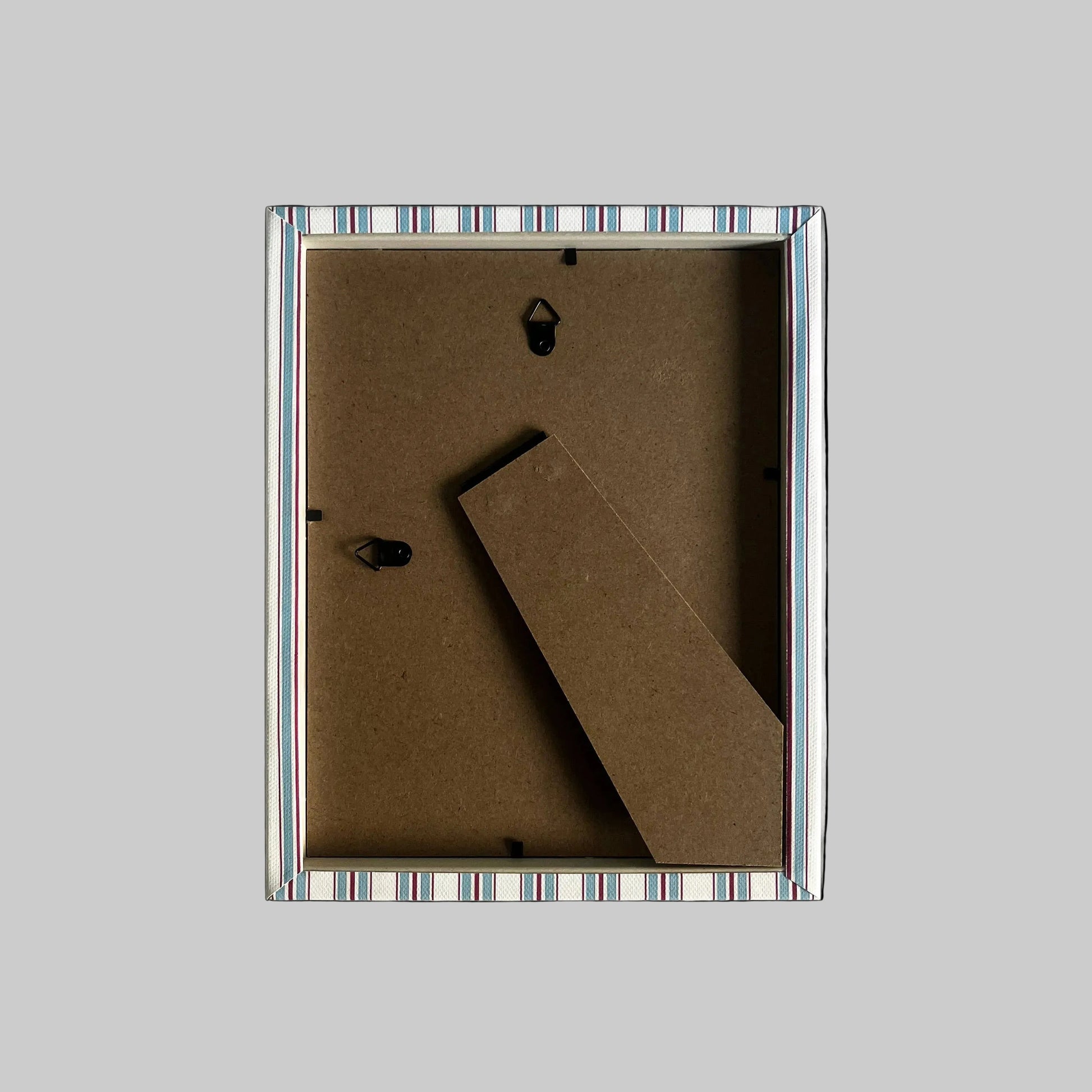 Contemporary cotton fabric-wrapped picture frame with sky blue and scarlet stripe design.
