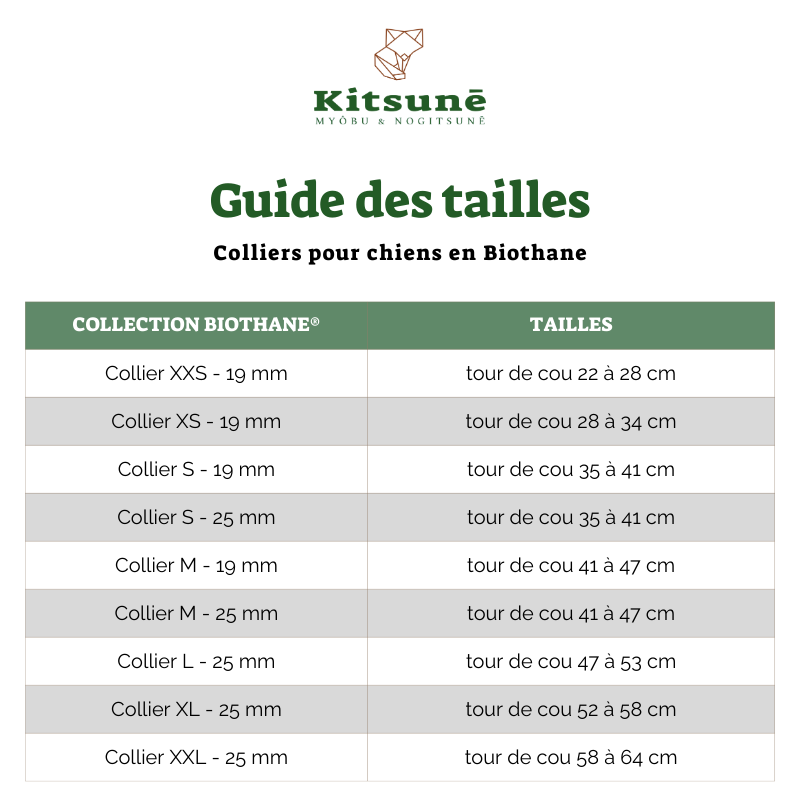 Kitsuné Biothane dog collar size guide on a white background
