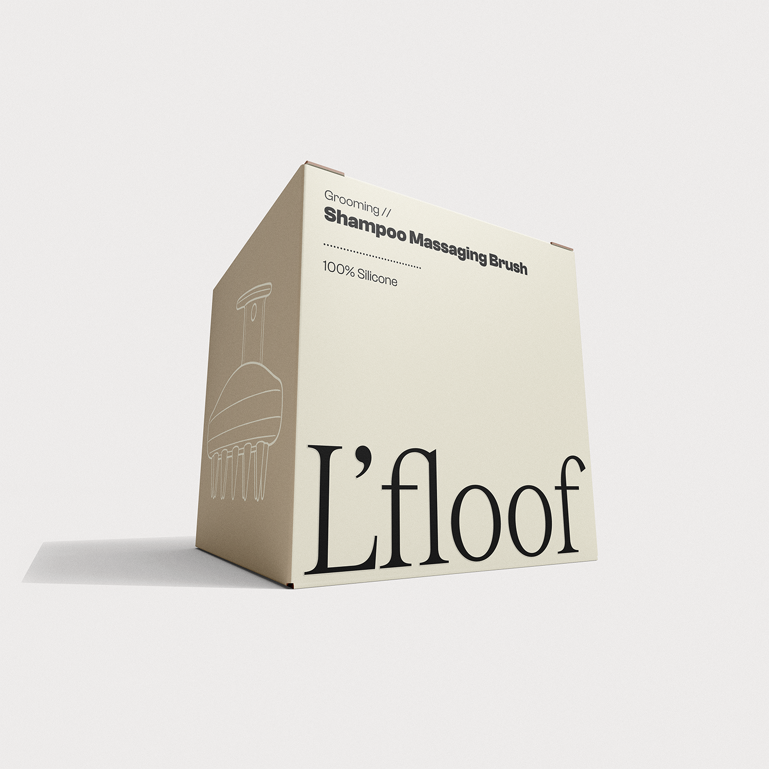 Box of L'floof shampoo massaging brush on a white background