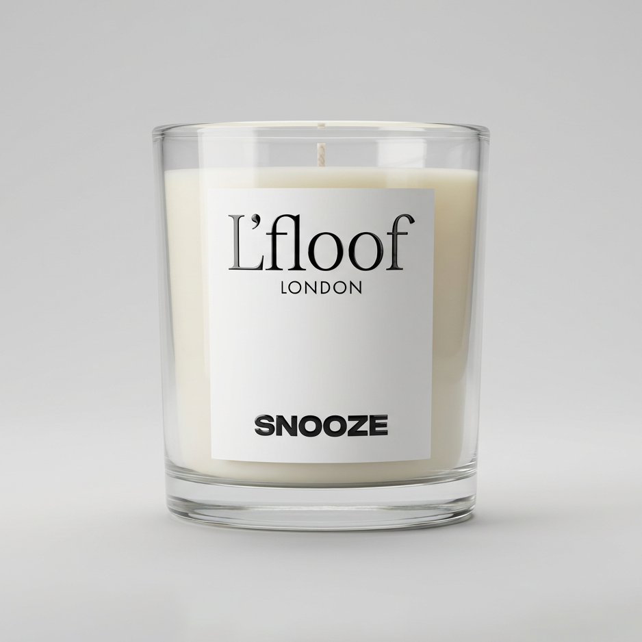 Candle with 'l'flooef London' label on a gray background