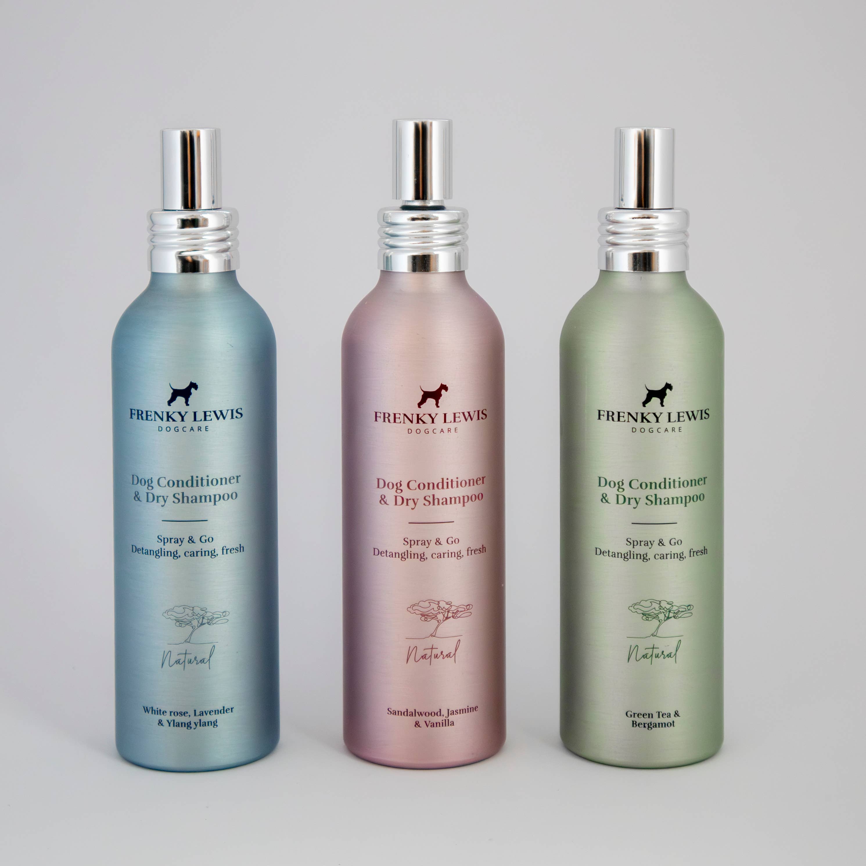 Sustainable dog grooming spray in a recyclable aluminium bottle made with naturally derived ingredients.