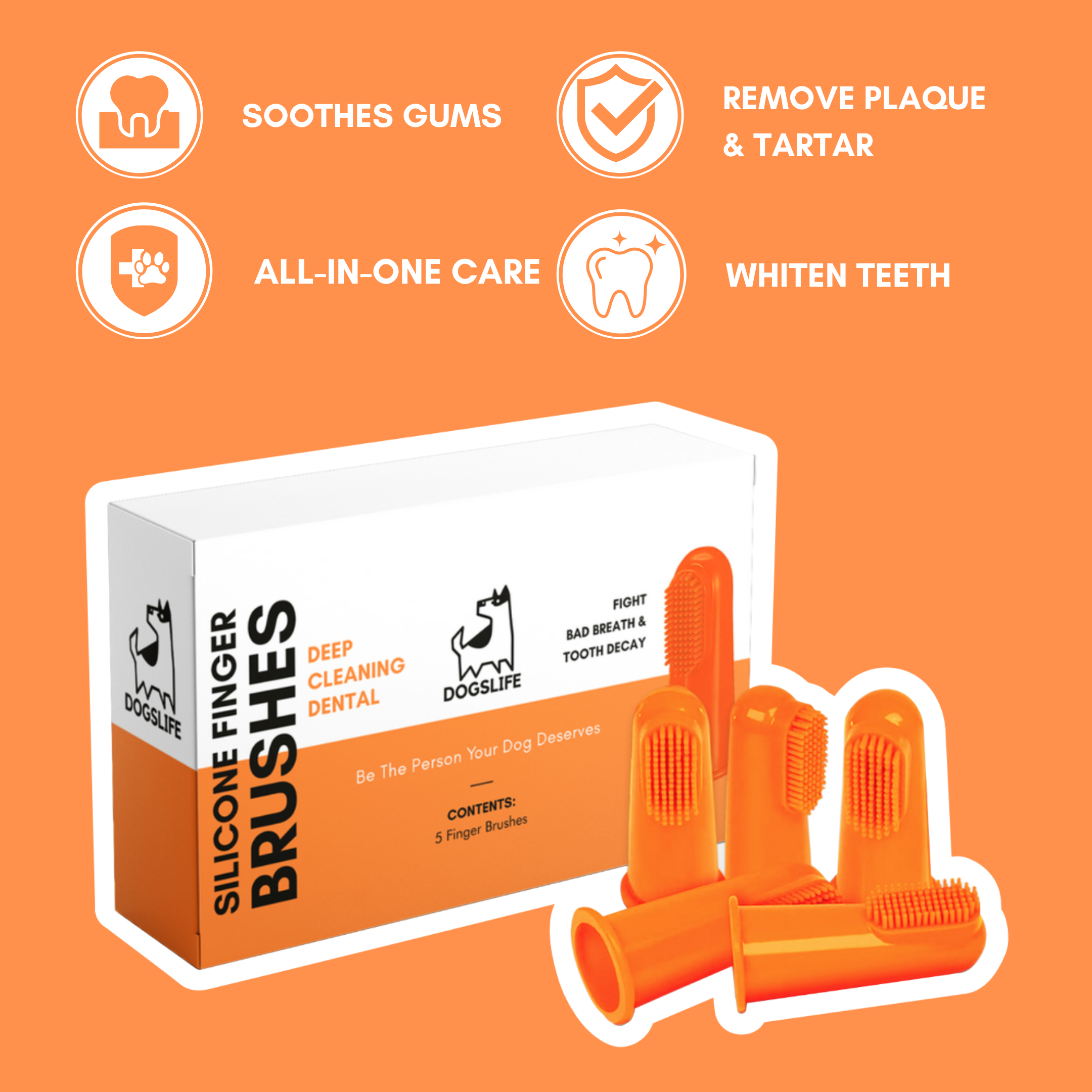 Silicone fingerbrushes packaging with features on an orange background