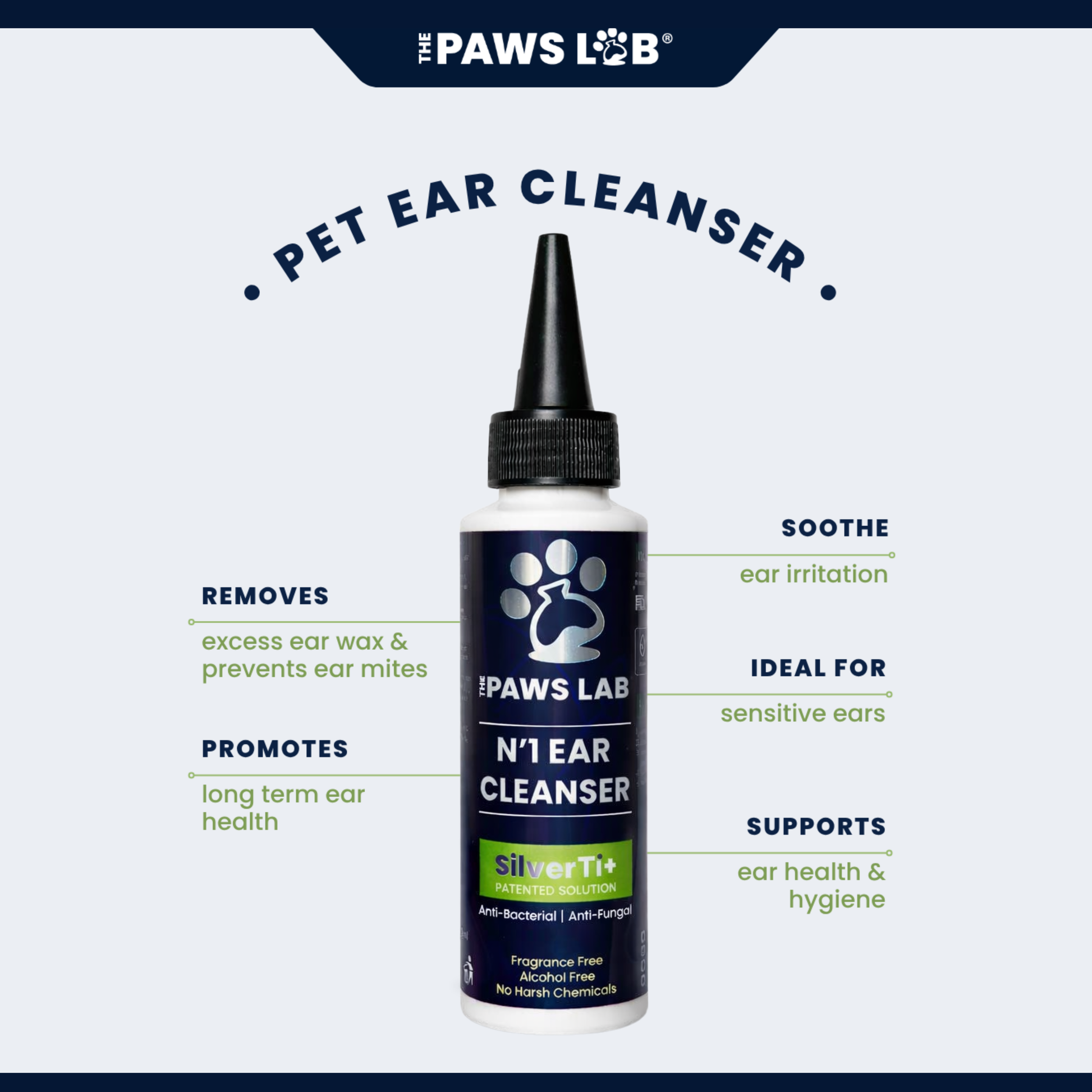 Alcohol-free dog ear cleanser for removing everyday wax, dirt and debris.