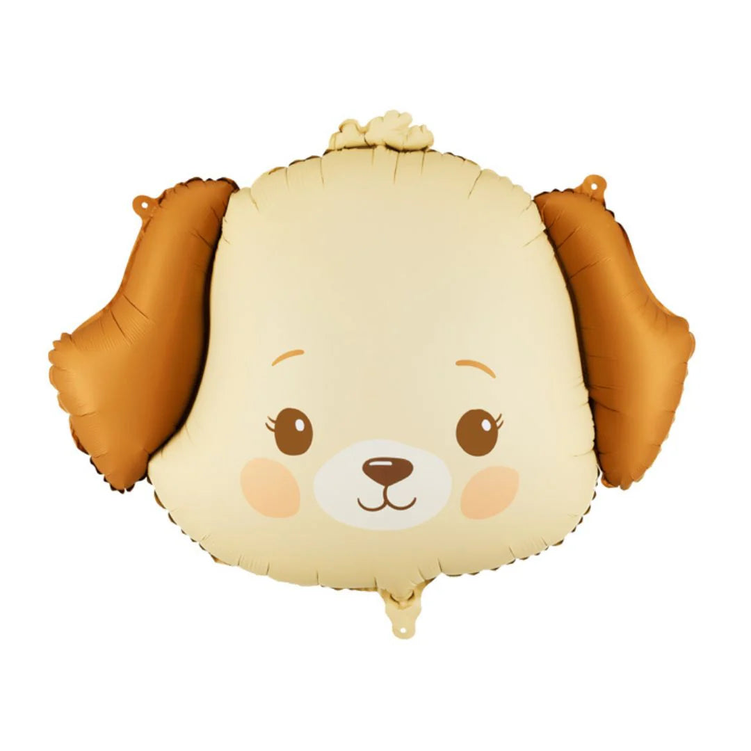 Dog head shaped foil balloon for dog birthday parties, puppy celebrations and pet themed events.