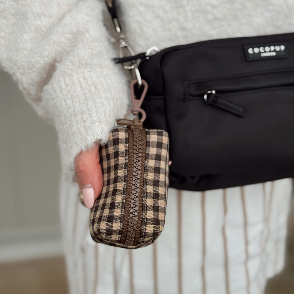 Cocopup Cotswold Check poo bag holder designed to attach to a dog lead or walking bag.