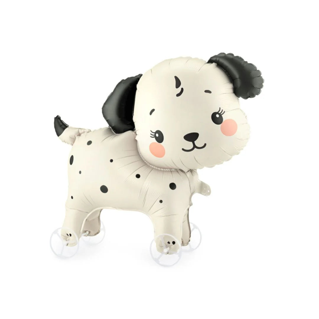 Dog on wheels walking foil balloon for dog birthday parties, puppy celebrations and children's animal-themed events.