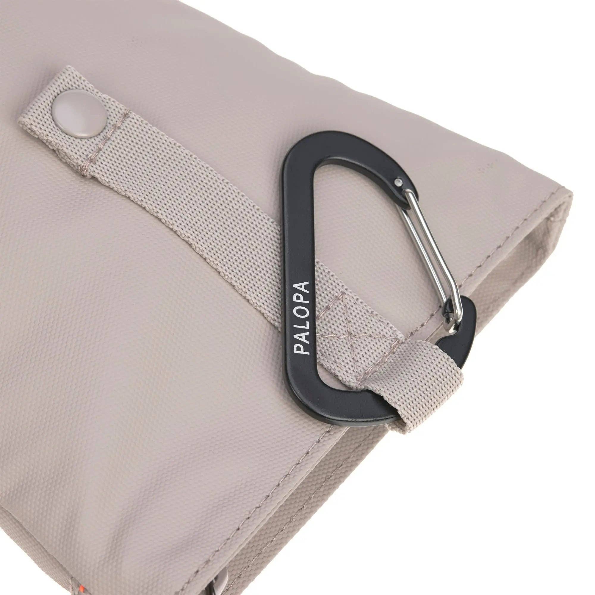 Beige pouch with a black carabiner and 'PALOPA' branding on a white background