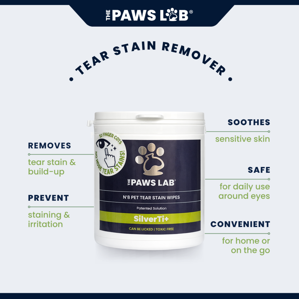 Pre-soaked finger-cot tear stain wipes for cleaning around a dog's eyes.