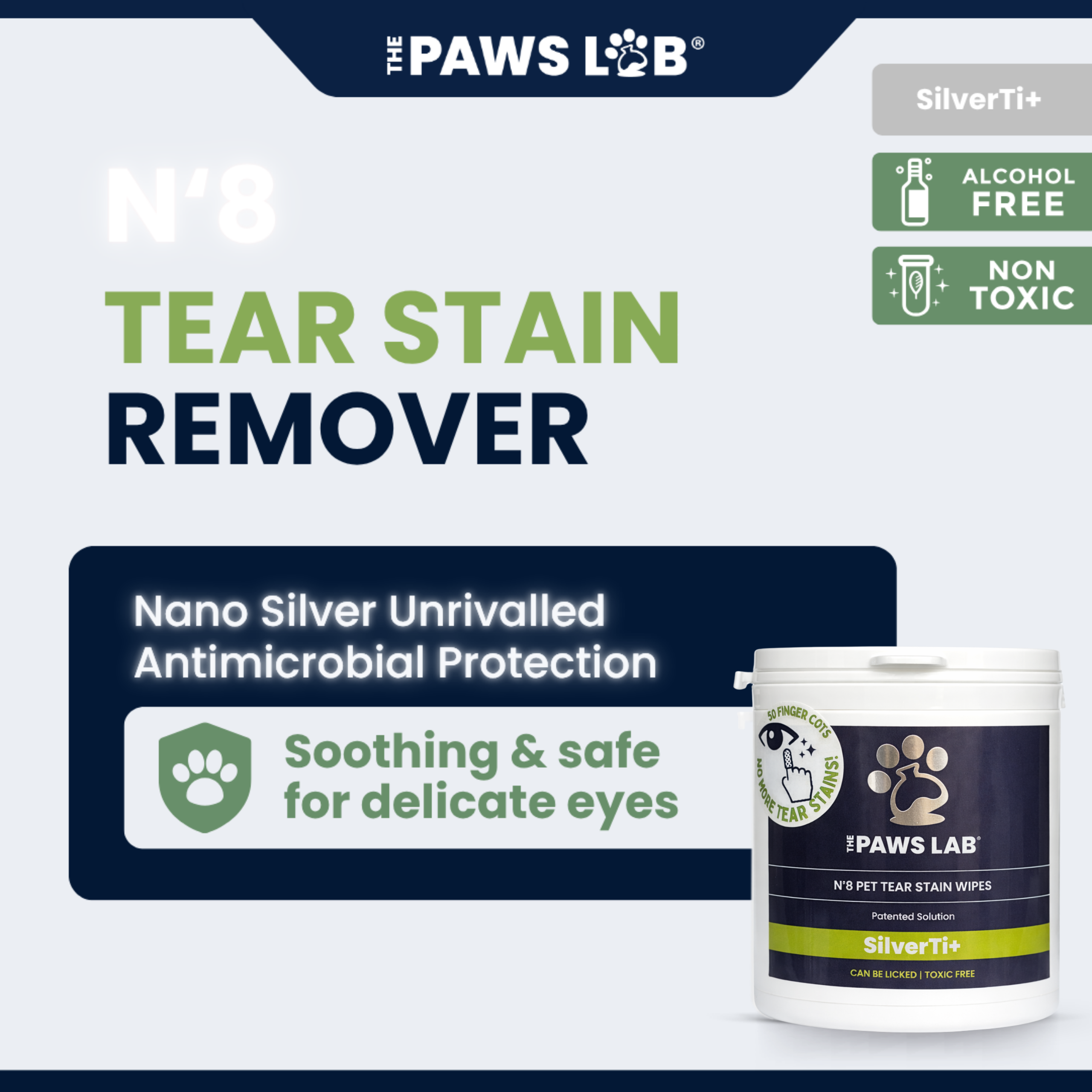 Pre-soaked finger-cot tear stain wipes for cleaning around a dog's eyes.