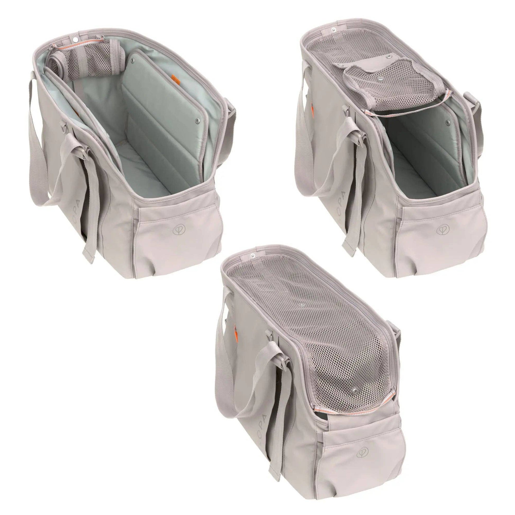 Gray pet carrier with mesh sides and straps on a white background