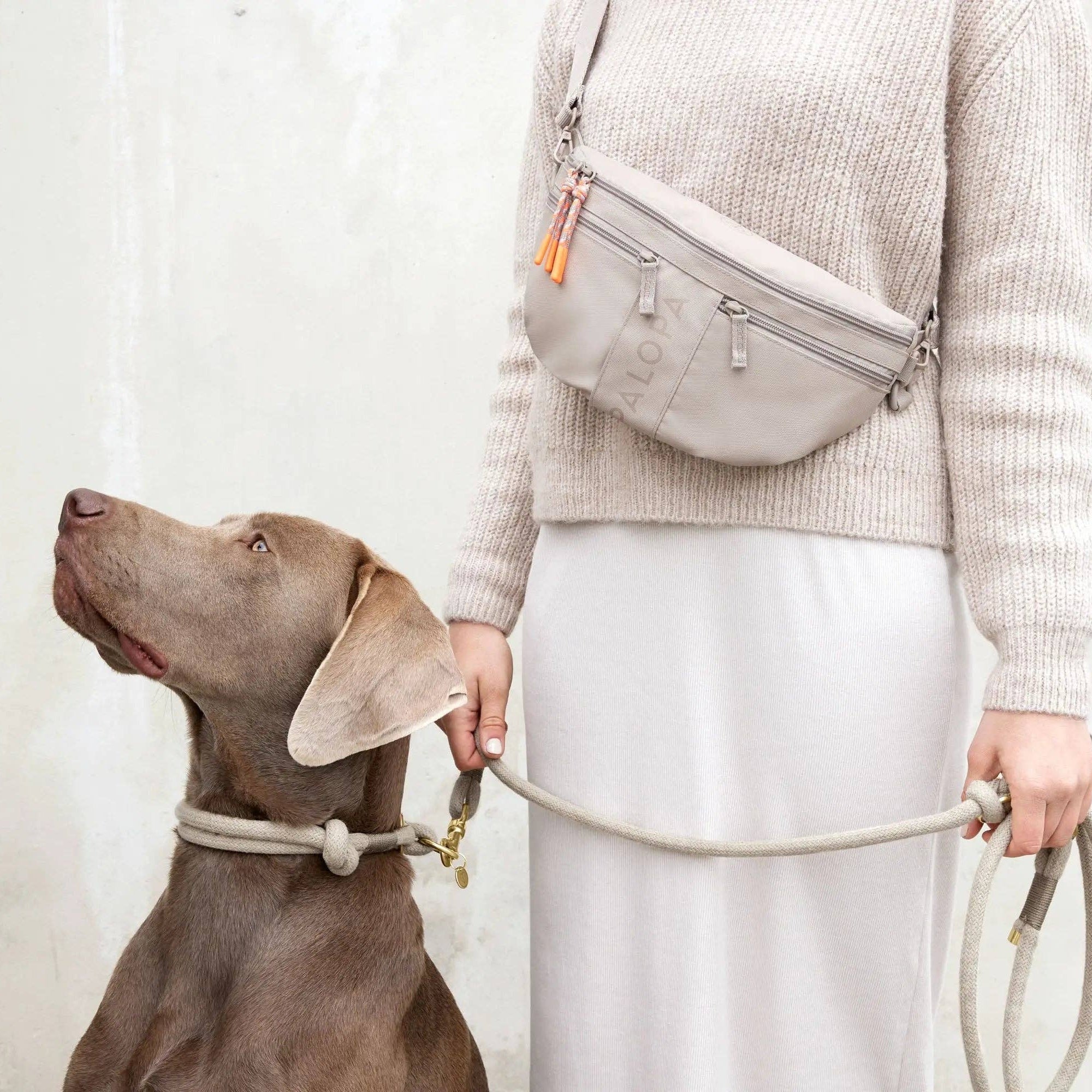 PALOPA Emma dog treat bag worn crossbody during dog walks and training sessions.
