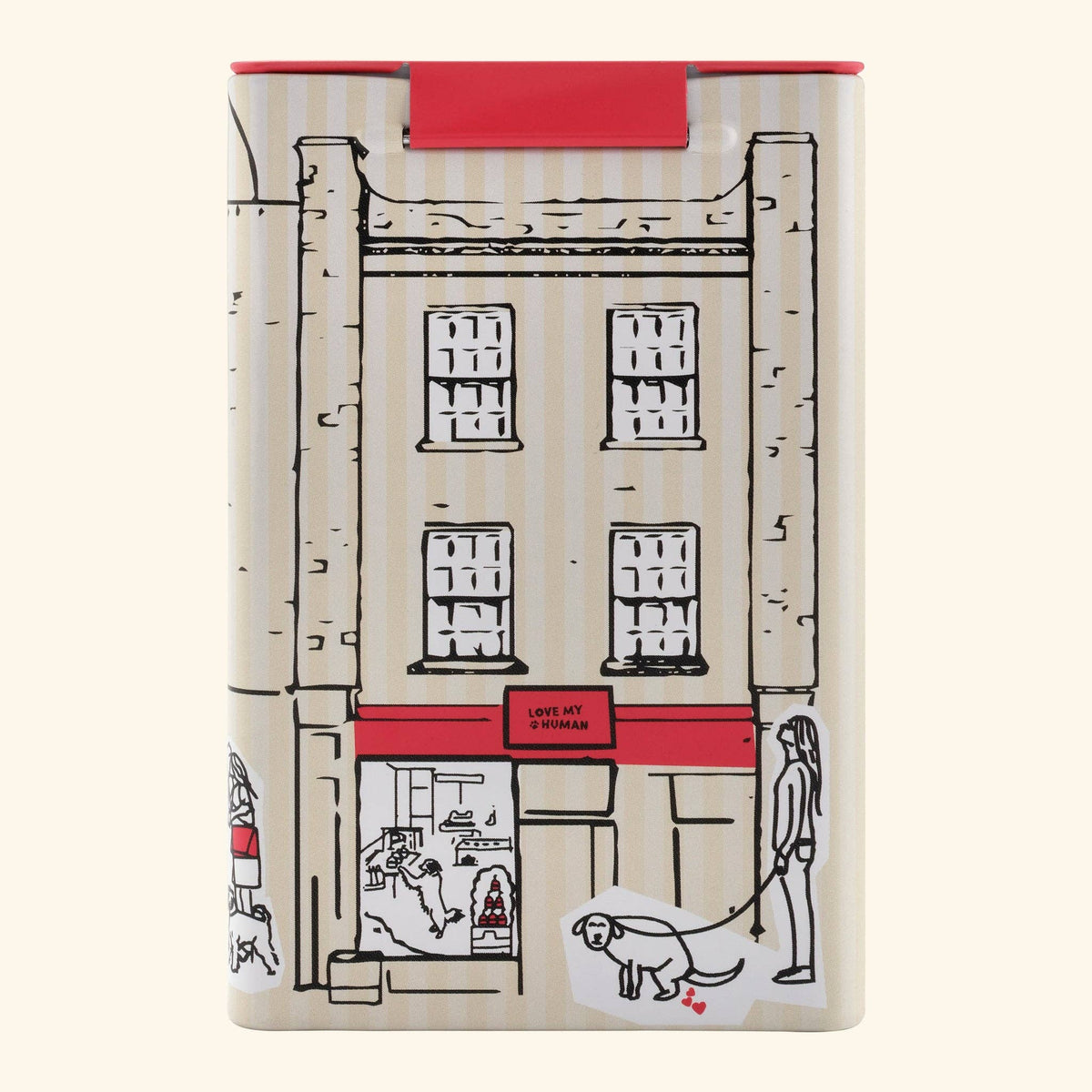 Food-safe metal storage tin for dog biscuits, treats and training rewards.