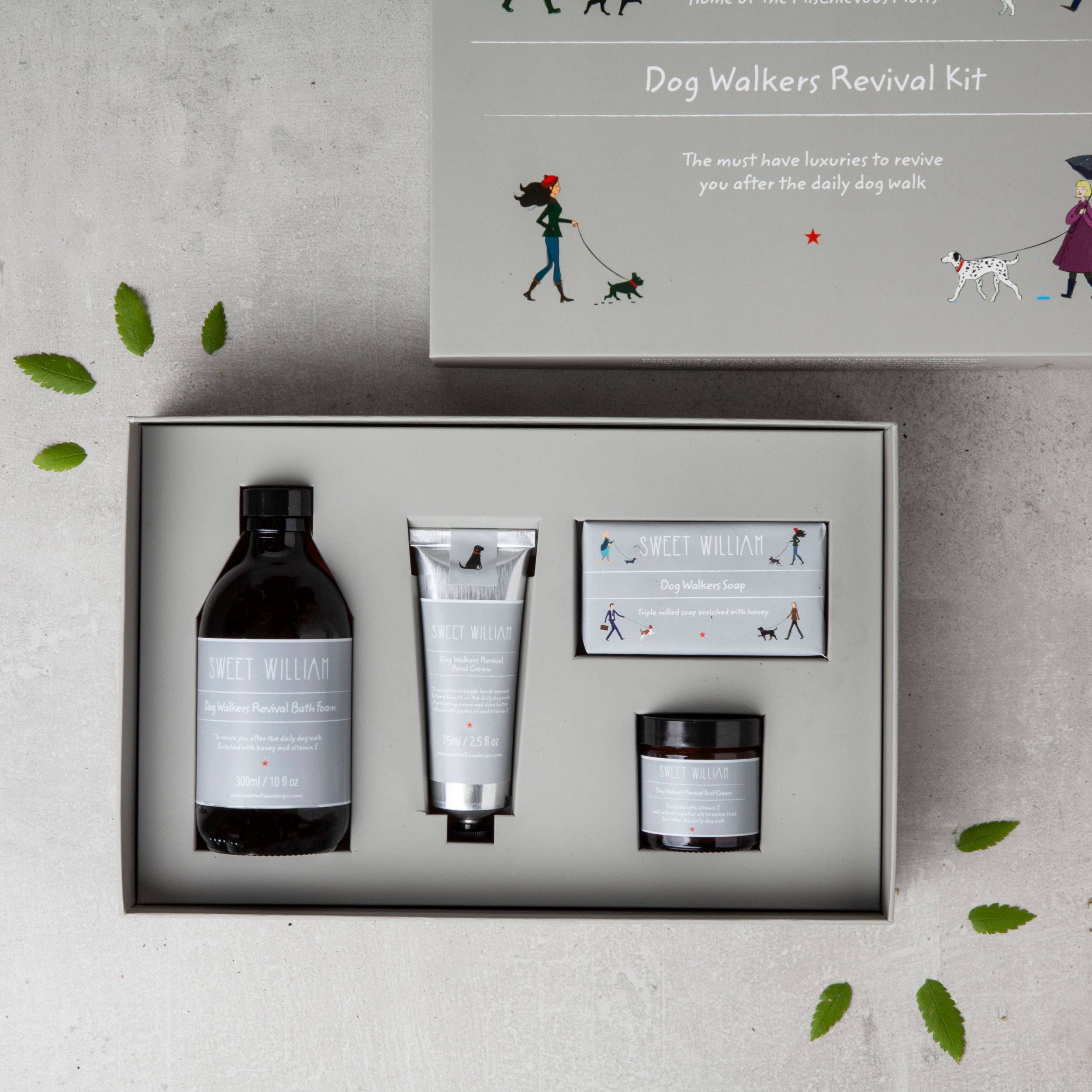 Hand cream bath foam foot cream and soap inside the Sweet William Dog Walker's Revival Kit