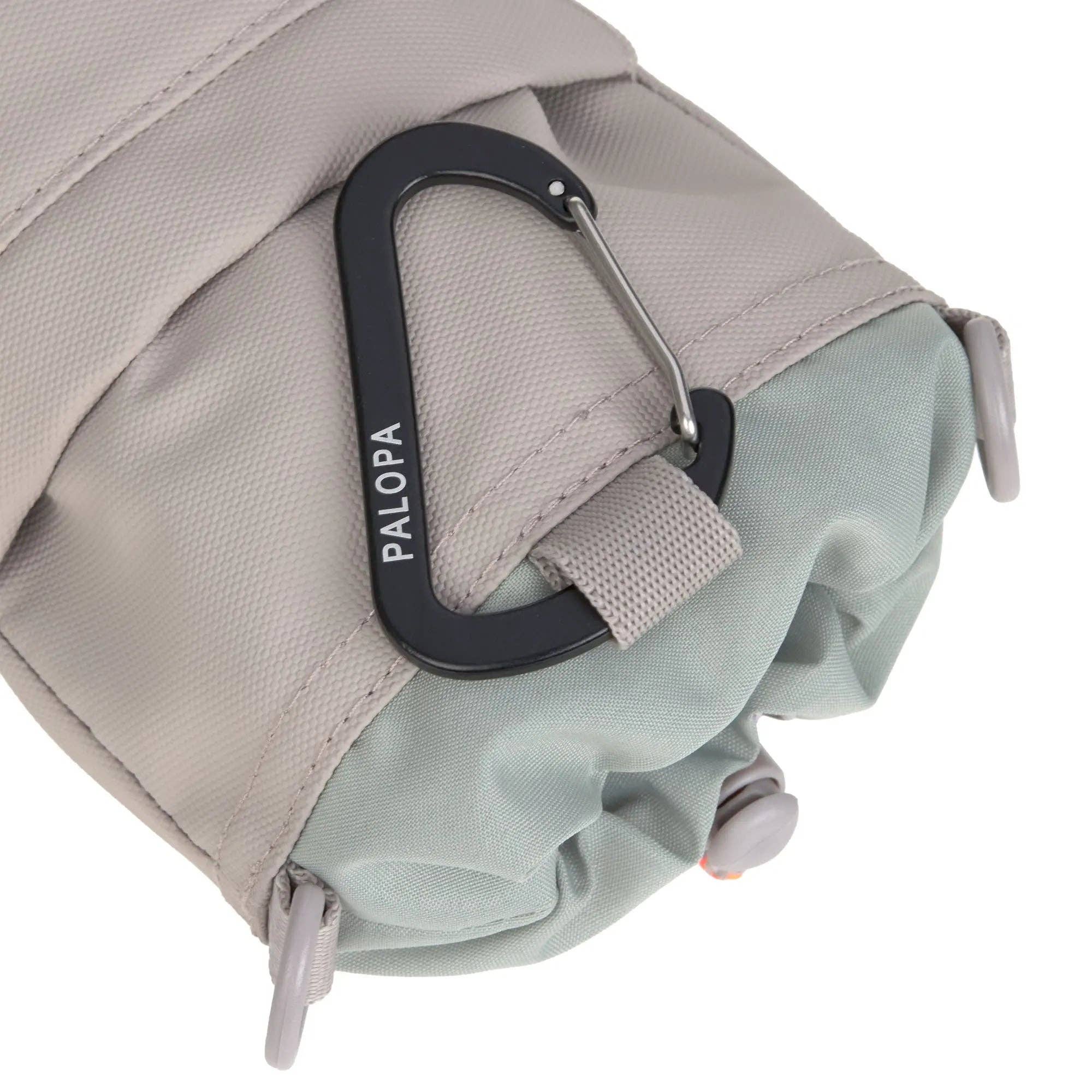 Taupe dog walking bag with zipped storage pocket, shoulder strap and waste bag dispenser.