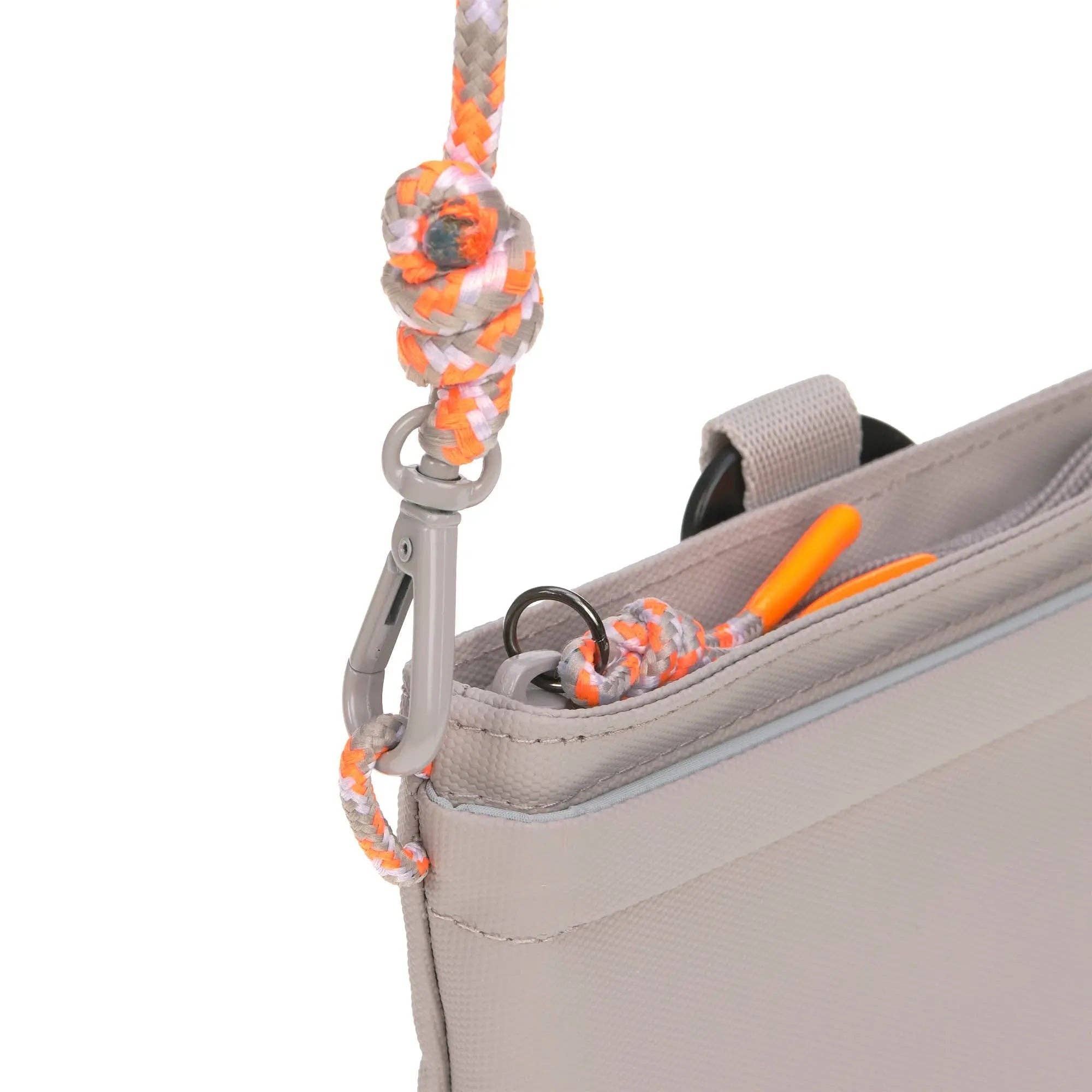 Taupe dog walking bag featuring waste bag dispenser, zipped storage compartment and adjustable strap.