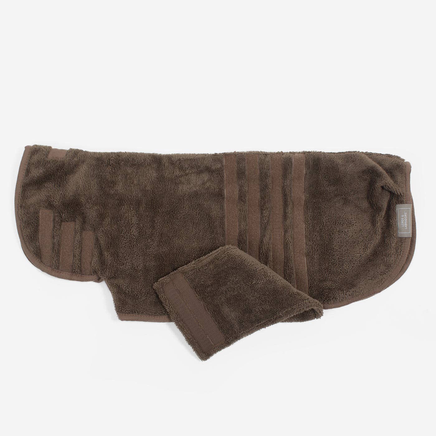 Brown towel with striped pattern on a white background