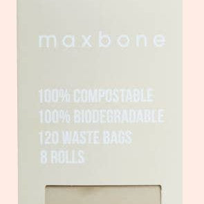 Maxbone compostable waste bags packaging with text on a light pink background