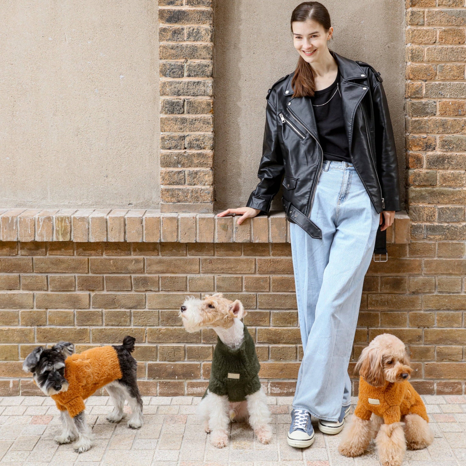 Woman in leather jacket standing with three dogs wearing small sweaters against a brick wall.